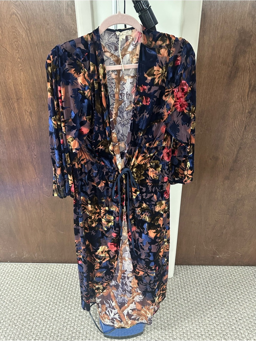 Mystree Navy Floral Velvet Duster with Red & Gold Accents